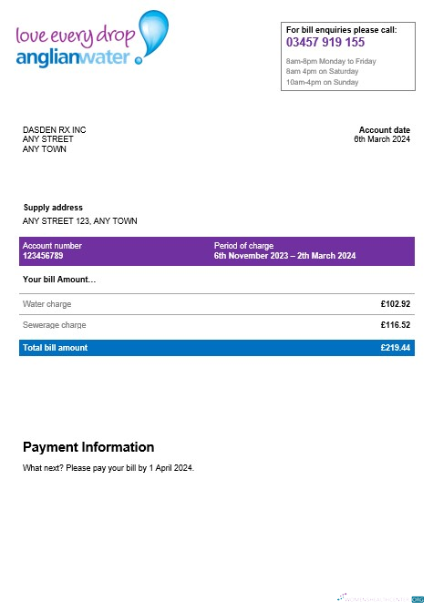 Download USA Anglian water business utility bill Word and PDF template Photoshop template